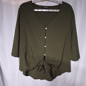 SHEIN Olive Green Blouse with Tie Front